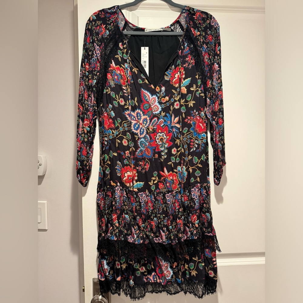 Alice + Olivia Paisley Pattern Dress with Lace Accents